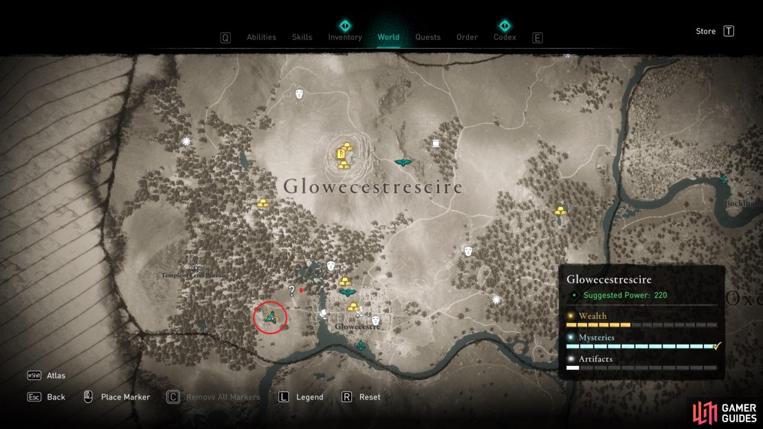 The location of the ingot, just east of Glowecestre.