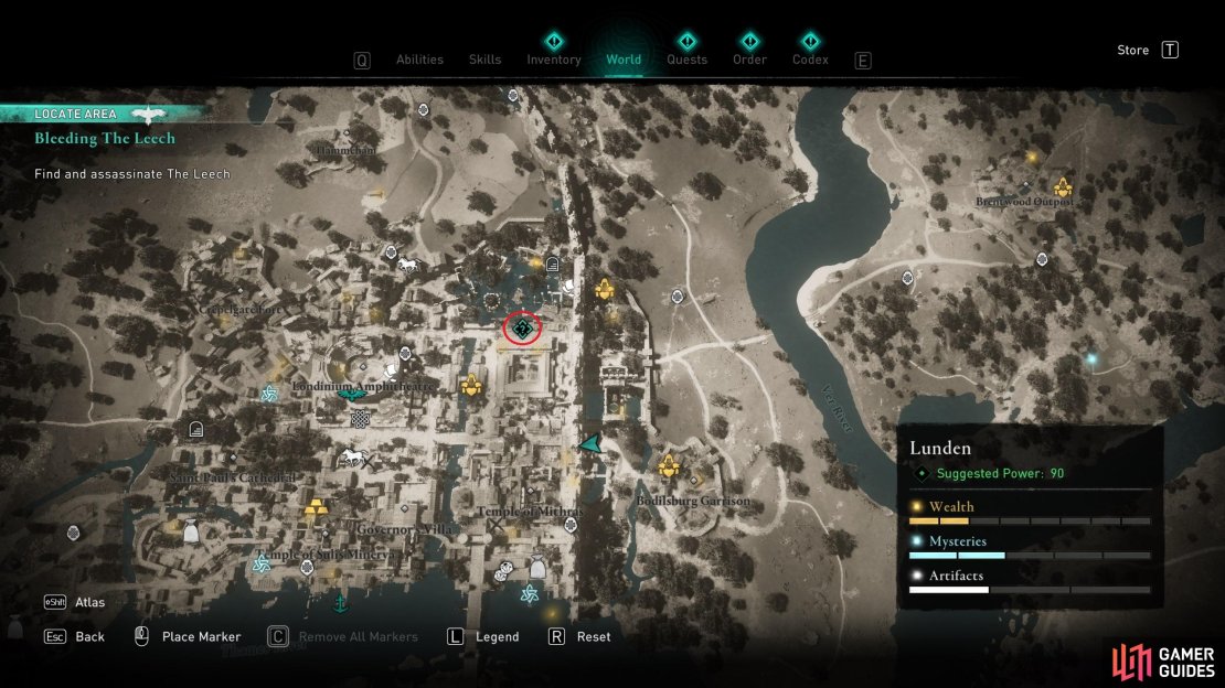 The location of The Leech, at the forum northwest of Bodilsburg Garrison.