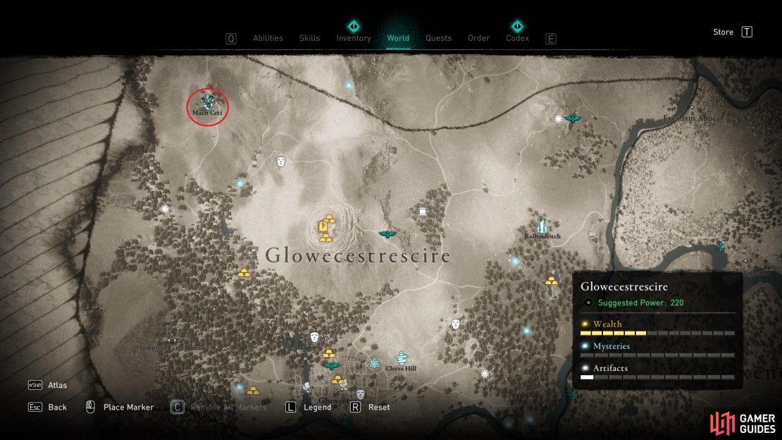 The location of Maen Ceti, in the northwest of Glowecestrescire.