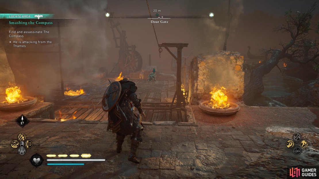 Follow Erke to the docks to flank the enemy.