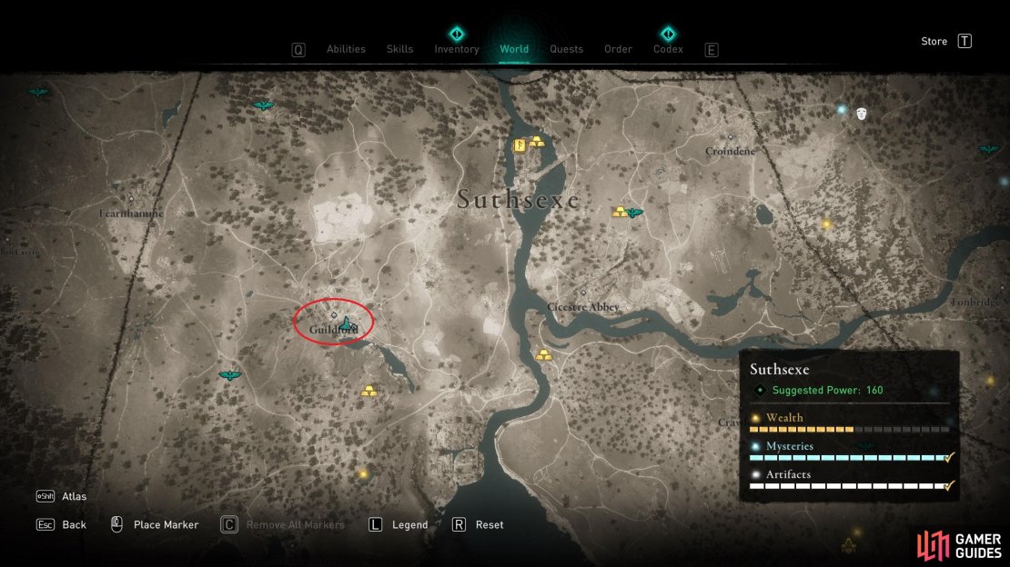 The location of Guildford in Suthsexe, where the Mentor&rsquo;s Robes can be found.
