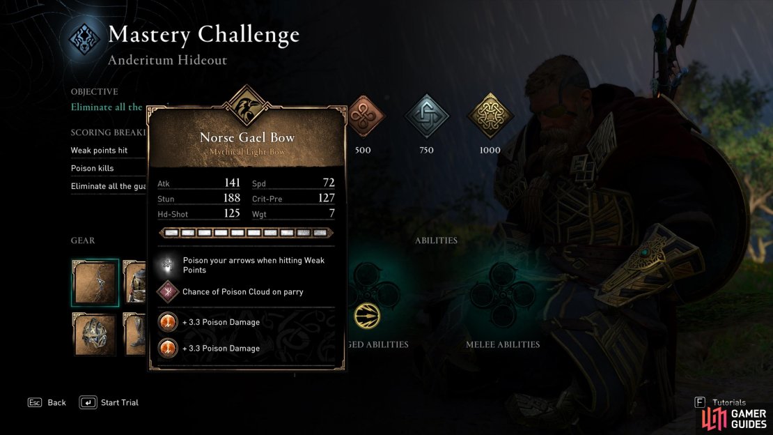 Check the modifier and rune perk provided by your bow, both of which are essential to success in this trial.