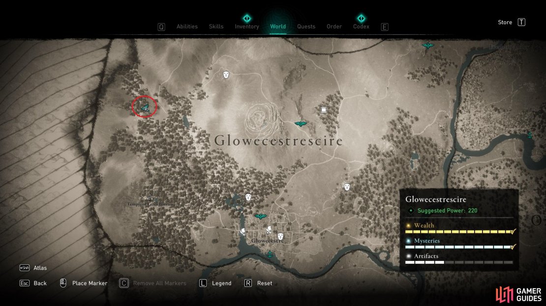 The location of the cursed area in the northwest of Glowecestrescire.