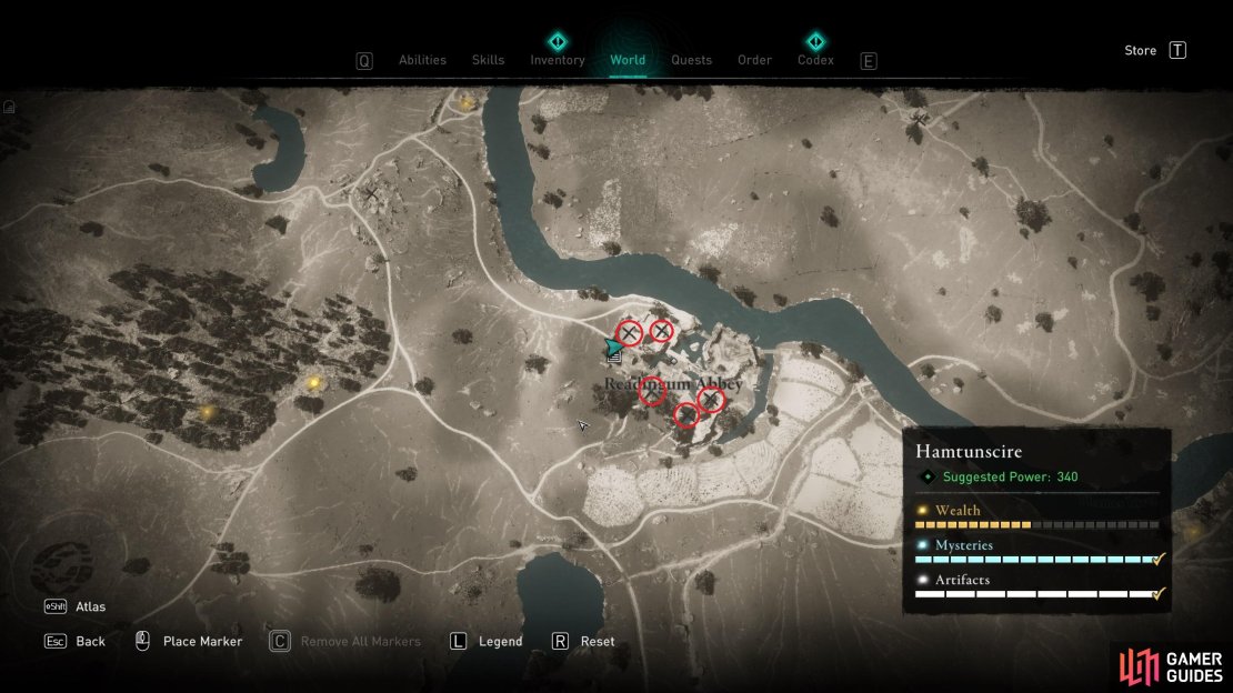 The locations of Raw Materials within Readingum Abbey.
