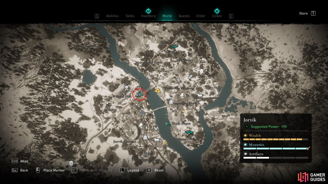 The location of the Roman Artifact in west Jorvik, just east of the Royal Hall.