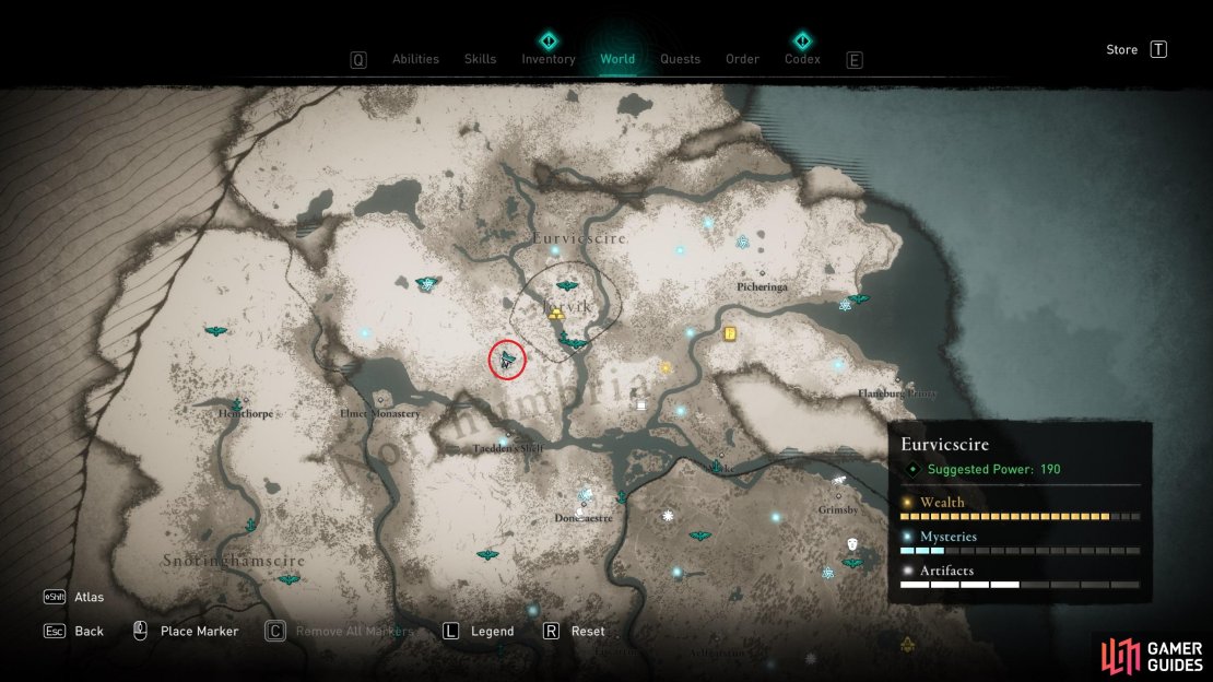 The location of the ruins southwest of Jorvik.