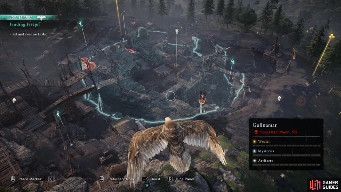 Use your raven to scout the site, identifying the cage where Fritjof is imprisoned.