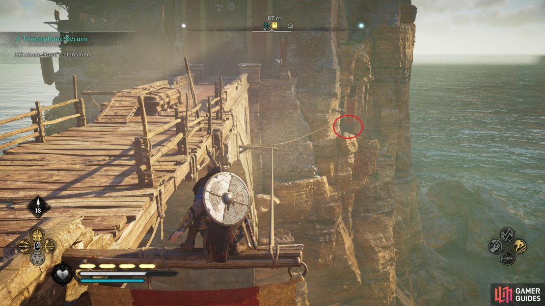 The secret entrance as seen from the bridge, marked here by a red circle.