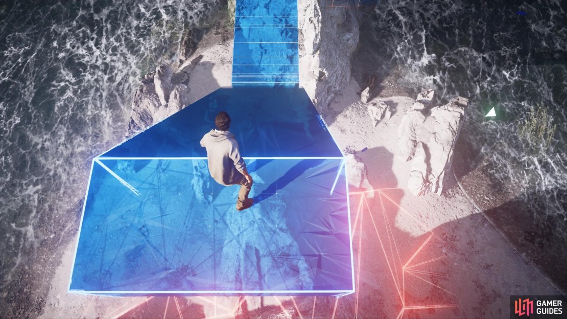At the bottom of the slope, jump if you need to in order to reach the moving platform.
