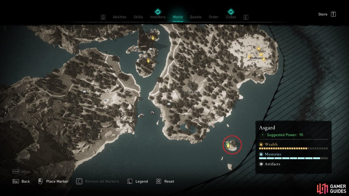 The location of the Ymir&rsquo;s Tear Stone on the small island in the southeast of the map.