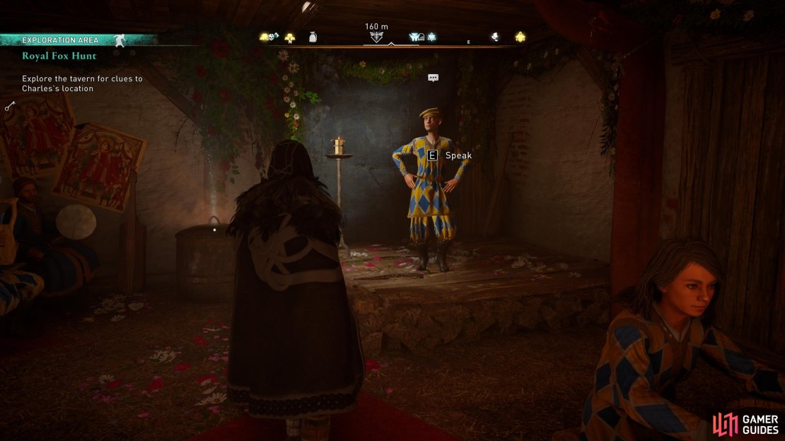 Speak with the dancer in the corner of the tavern for your first clue.