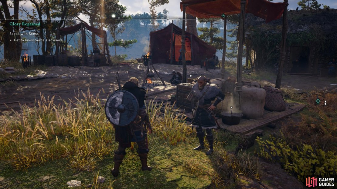 Speak with Lif, Birna, and Galinn in Middeltun before speaking with Soma at the docks.