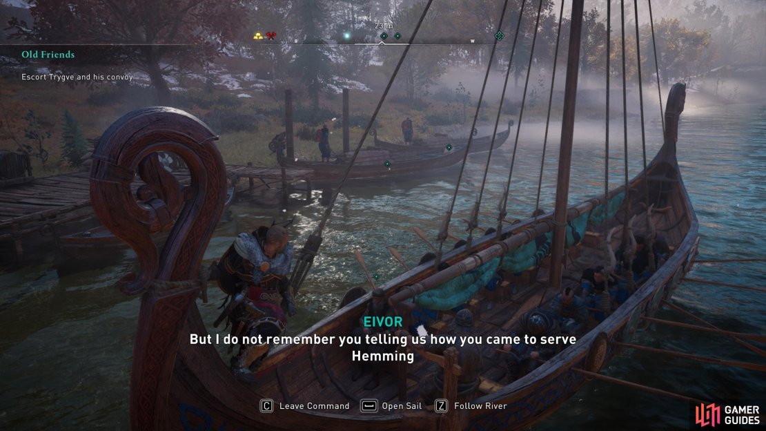 Summon your longship at the Snotingham docks and escort the convoy.