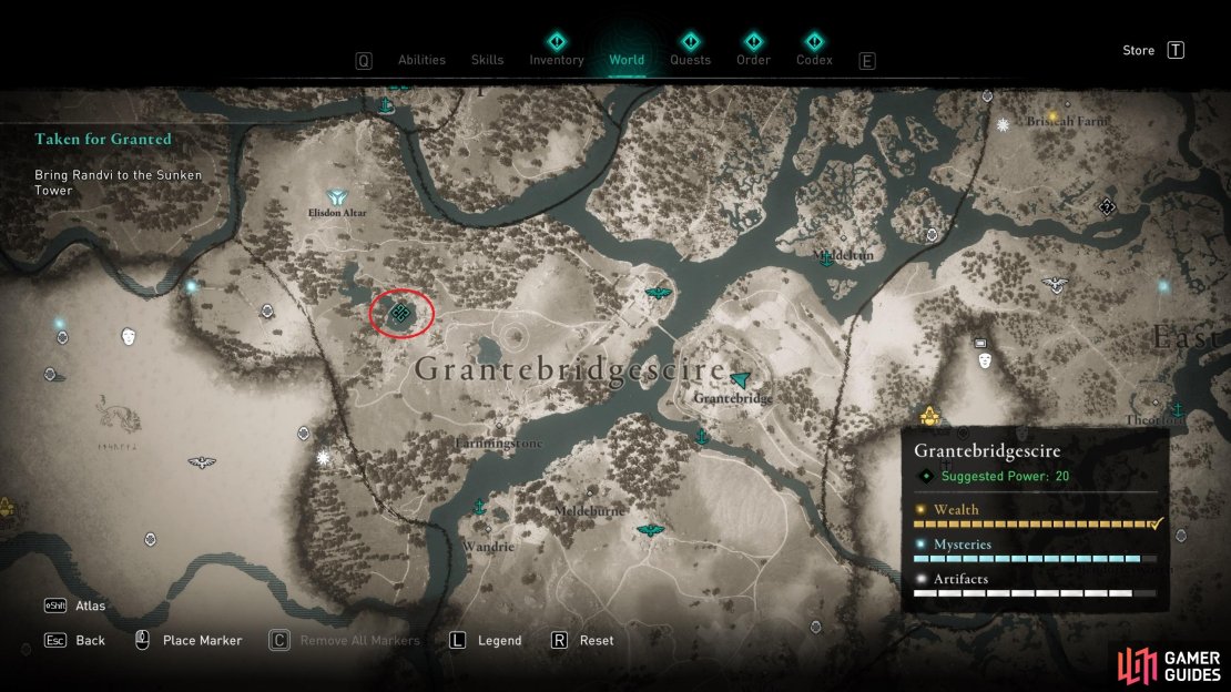 The location of the Sunken Tower, northwest of Grantebridge.