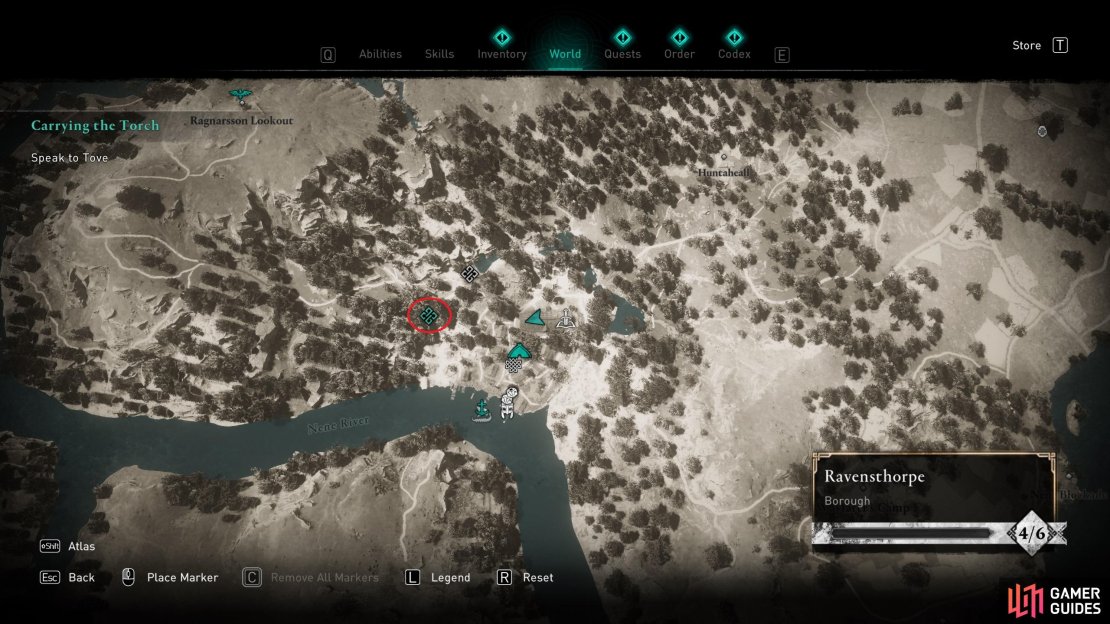 The location of Tove, in the woods west of the longhouse.