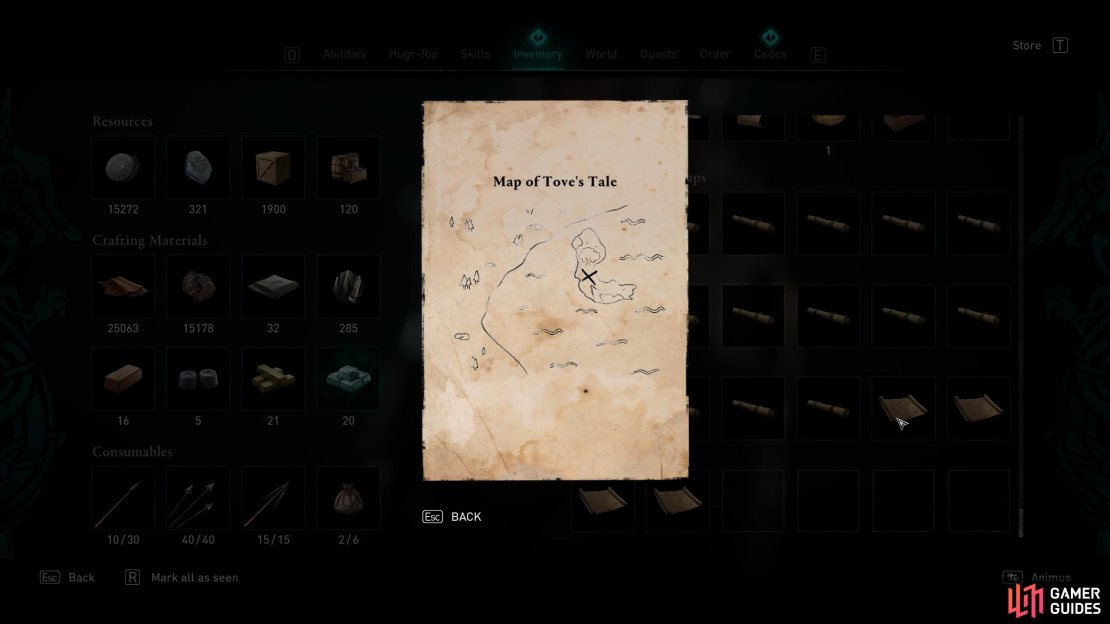 You can check your inventory for the map clue related to Tove&rsquo;s tale treasure.