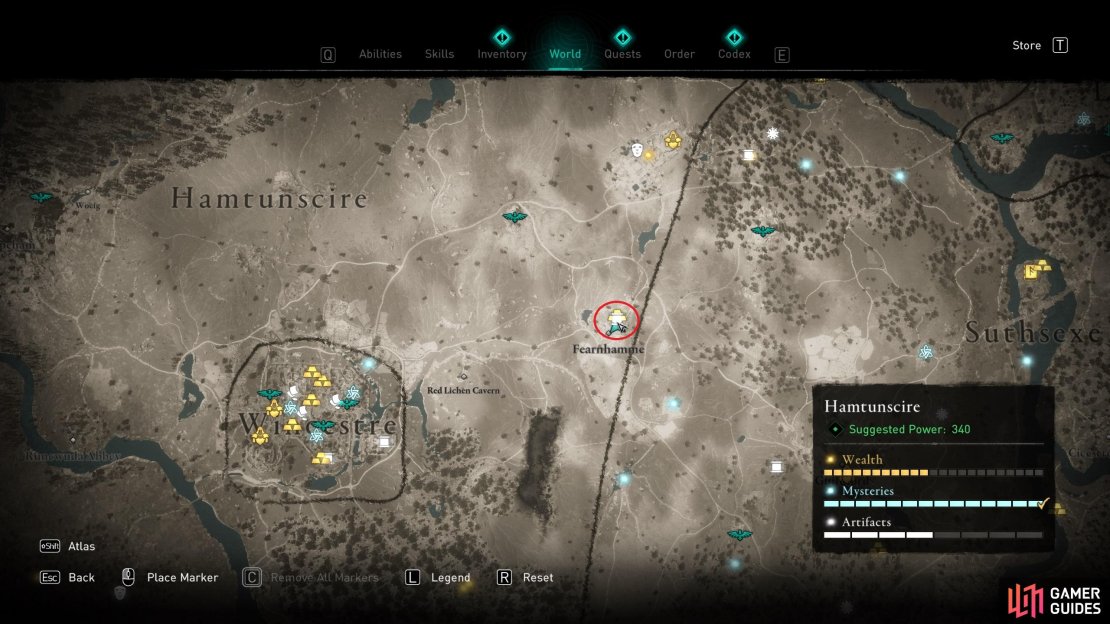 The location of the treasure hoard map in Fearnhamme, eastern Hamtunscire.