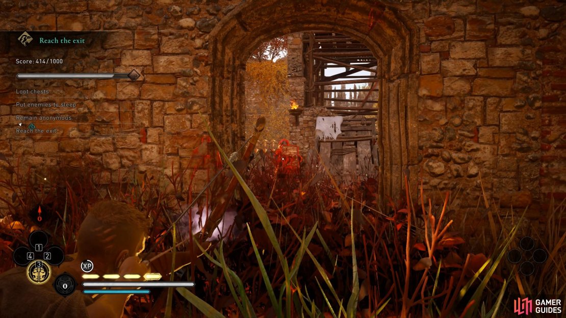 Wait for the patrol to walk near to the stationary guard, then shoot both with one arrow.