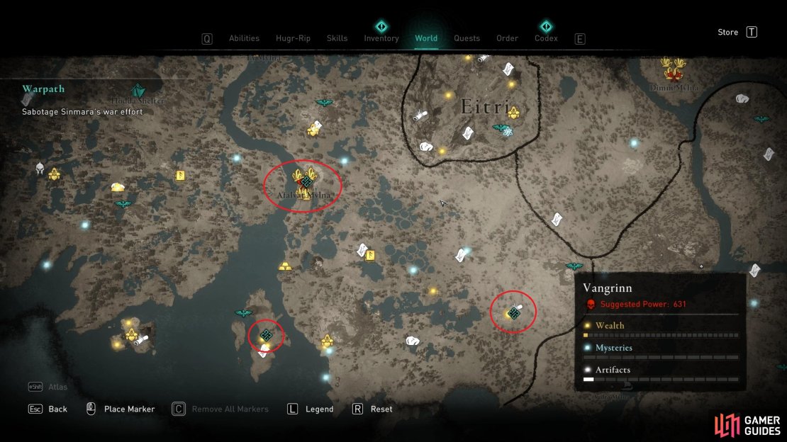 The location of each of the Warpath objectives at Afalvant Myla, Drekathorp, and Jofurrsmida.
