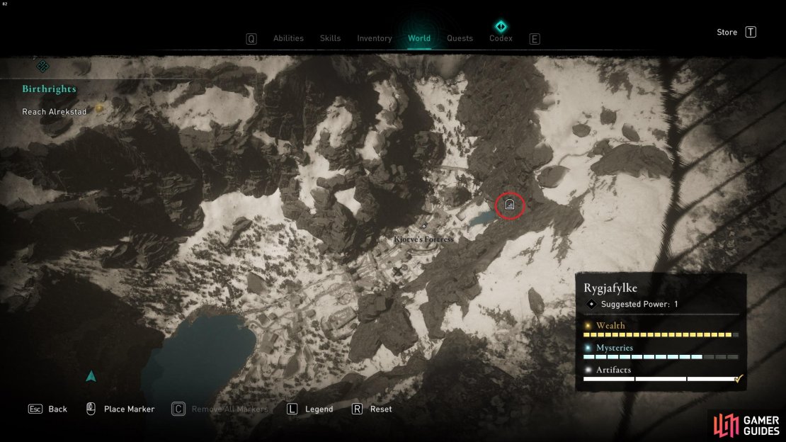 The location of the cave behind the waterfall, east of Kjotve&rsquo;s Fortress.