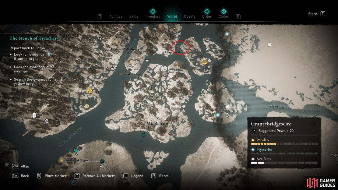 The location of the yellow painted longship in the swamps, highlighted here by a red circle.