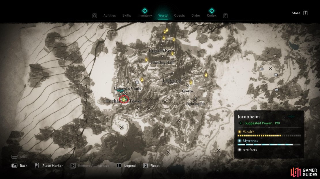 The location of Ymir&rsquo;s Blood Stone 24, at the bottom of the Enchanted Tower.