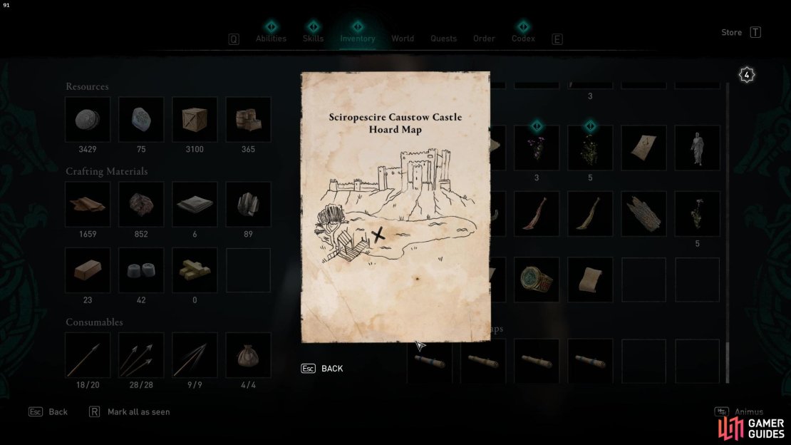 The treasure map depicts Caustow Castle overlooking a lake. 