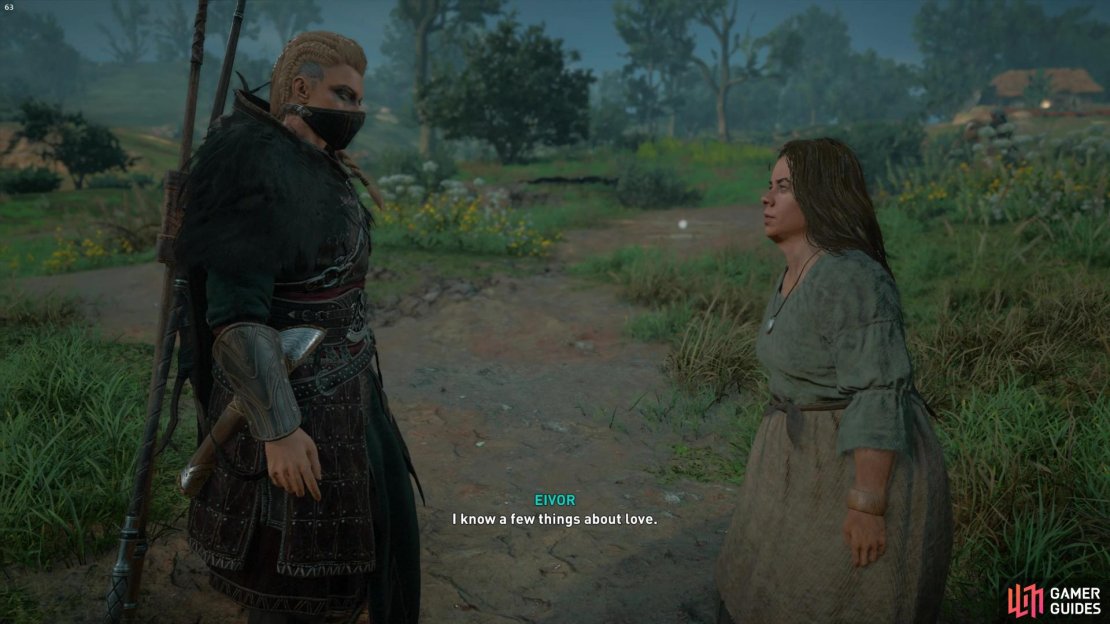 First, speak to the woman to learn of her lover who lives up the hill. 
