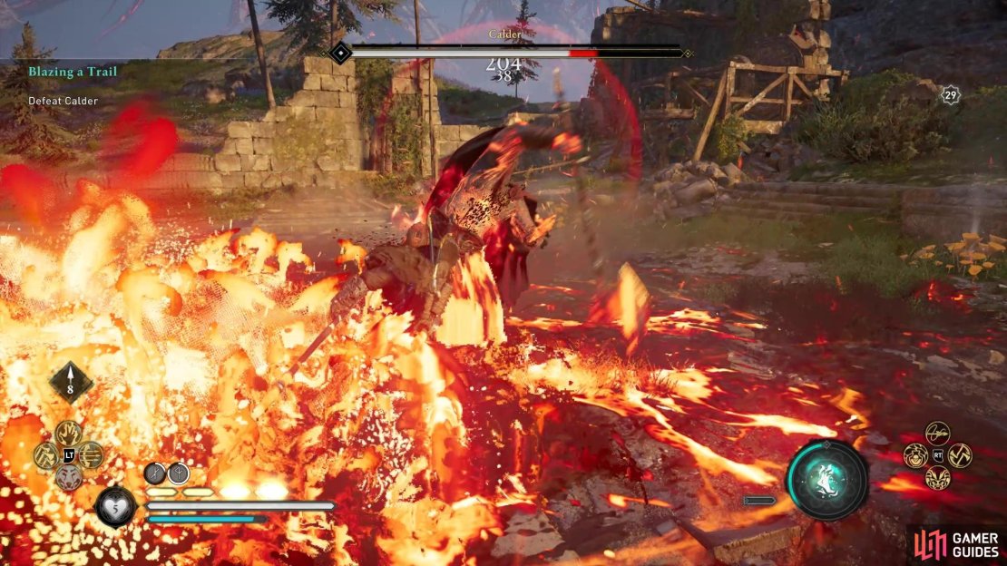 Calder will create a huge lava pool and you&rsquo;ll want to either use Power of Muspelheim or avoid the lava.