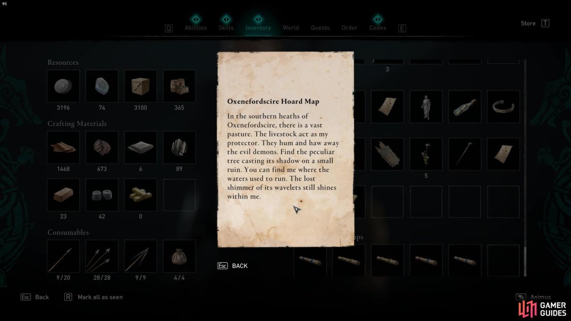 The Hoard Map tells you to look out for a peculiar tree in the pastures of South Oxenefordscire.