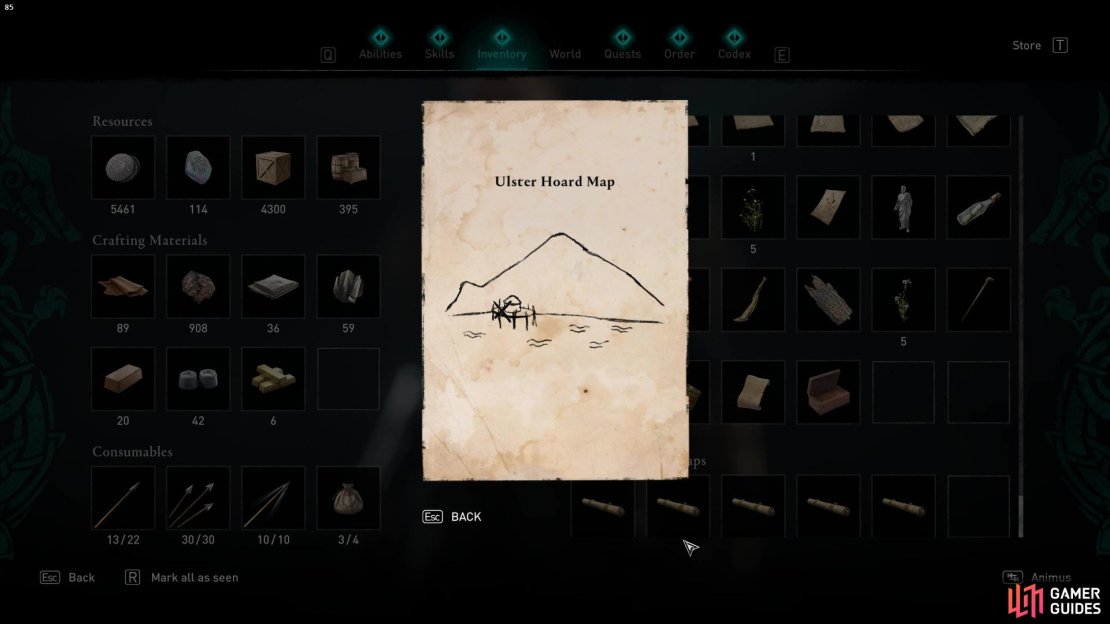 The map shows a small hut next to a mountain and a lake.