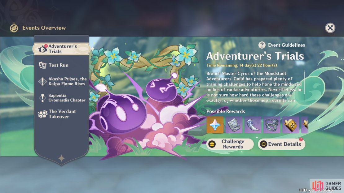 Adventurer&rsquo;s Trials event banner in Genshin Impact version 3.2.
