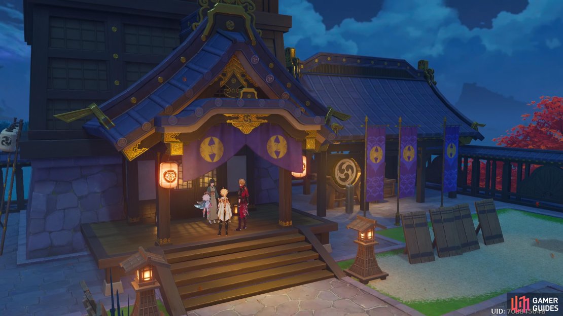 The Traveler, Paimon, and Thoma talking to Inspector Yurika at the Outlander Affairs Agency.