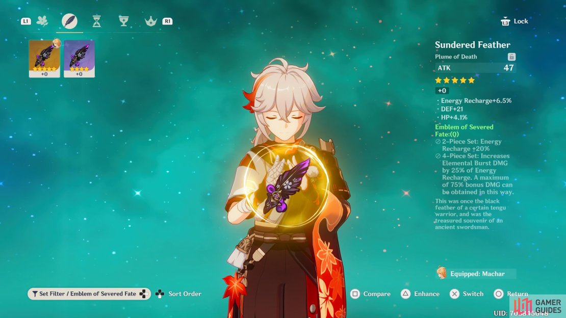 Kazuha&rsquo;s Artifact screen showing off the plume from the Emblem of the Severed Fate set.