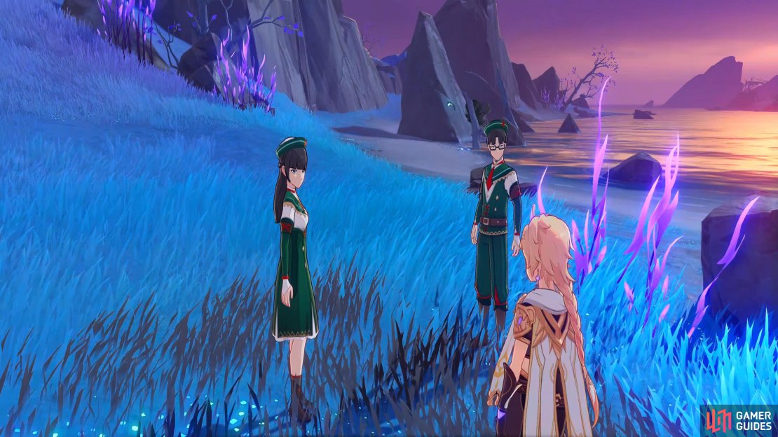 The Traveler is talking to Eiko and Taisuke from the Adventurer&rsquo;s Guild about the second warding stone.