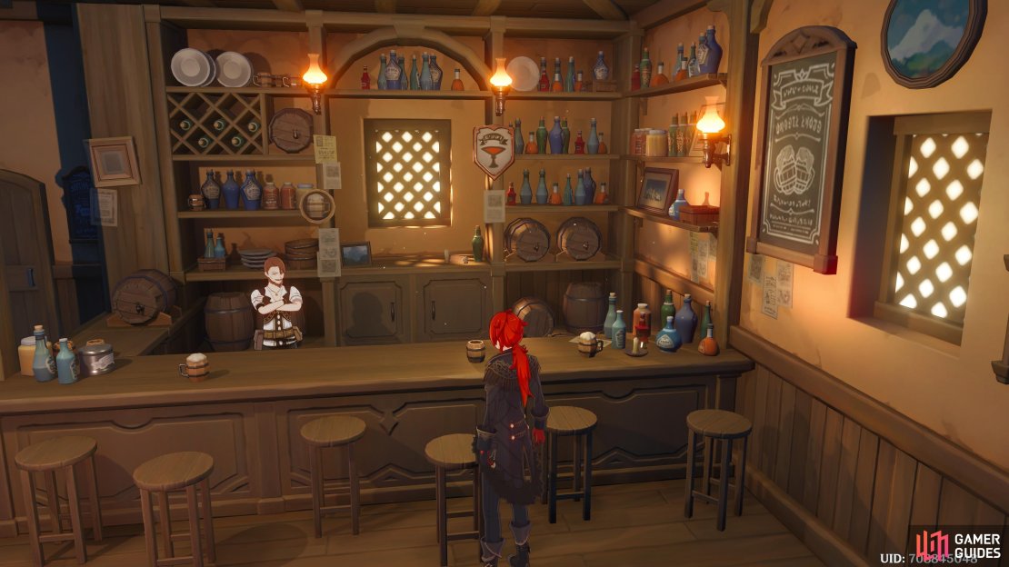Diluc speaking to the Bartender Charles in his tavern, the Angel&rsquo;s Share.