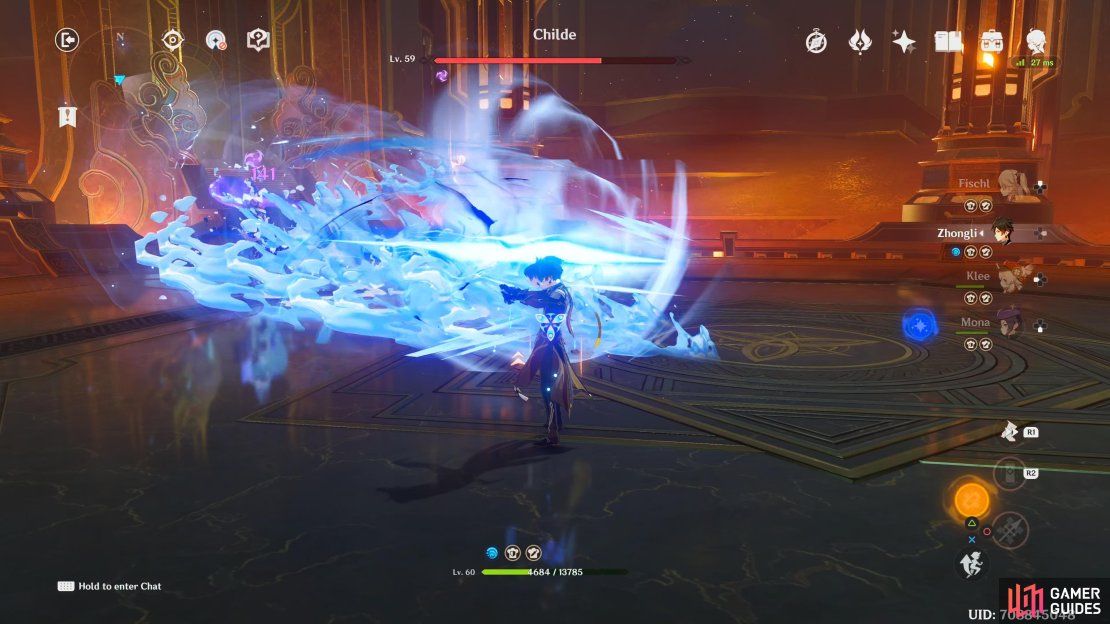 Childe will launch a series of Hydro waves in the form of a Dragon at your location, dodge sideways to avoid it