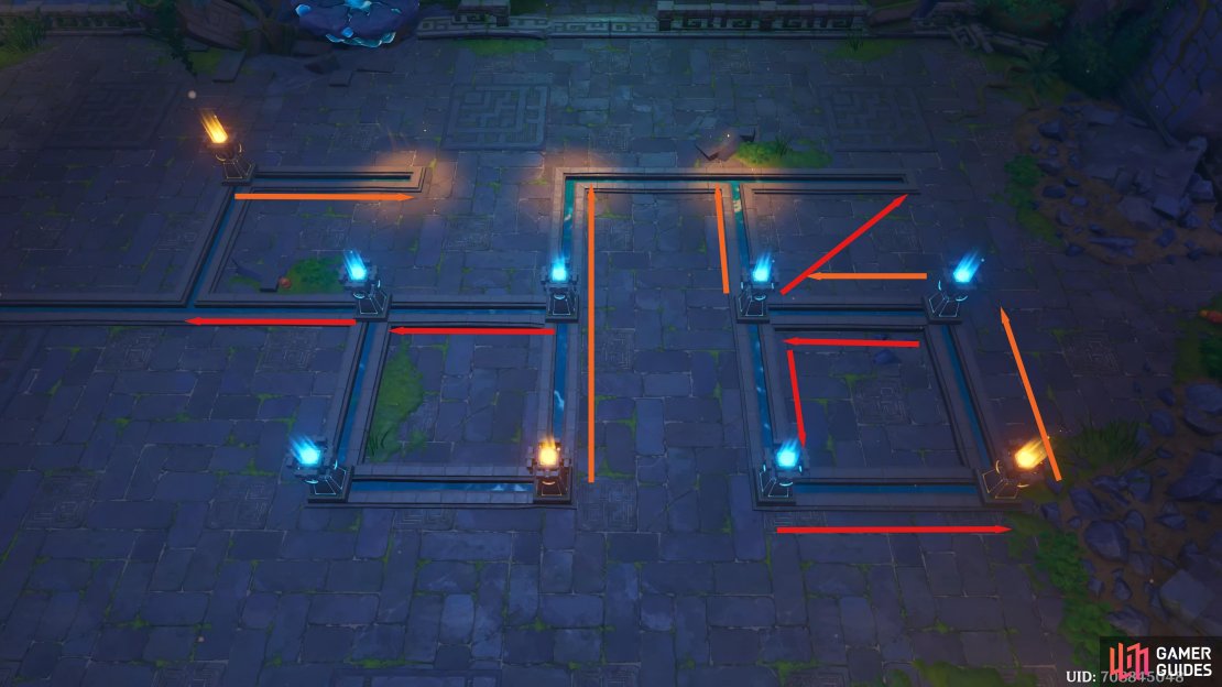 You can use the image above to navigate how to do the puzzle. The orange lines are for the orange lamps.