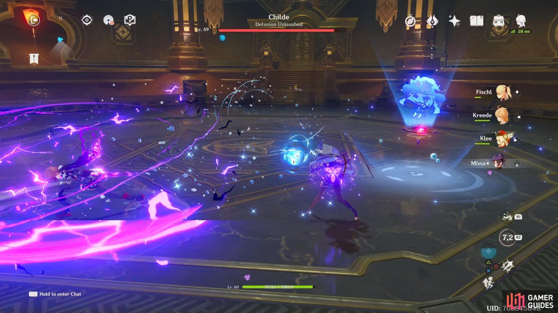 Childe will unleash an attack in a 180 degree arc in front of him, dodge to the side to avoid it