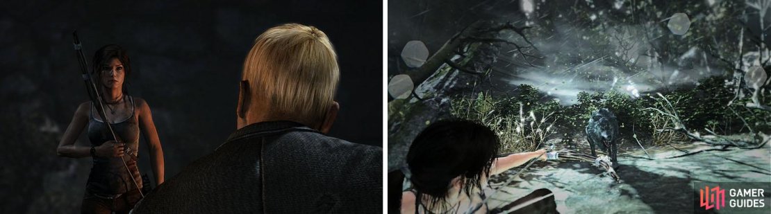 After finding the source of the voices (left) you&rsquo;ll have to fend off some wolves that attack while Lara is stuck in a trap (right).