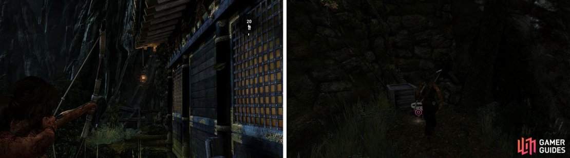Shoot the Lantern to begin a new challenge (left). Don&rsquo;t miss the GPS Cache behind the gazebo with a Food Cache (right).
