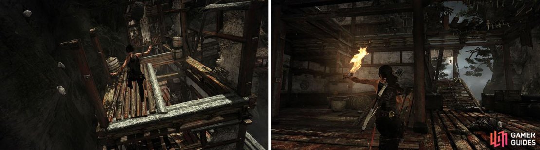 Jump across the building as the collapse (left). When you reach the final building you won&rsquo;t want to miss the salvage crate upstairs via a ramp and ladder (right).