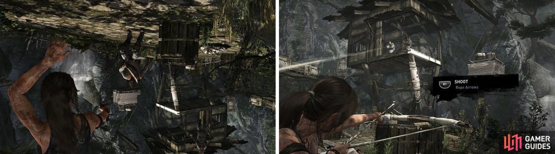 You&rsquo;ll need to take out some areas while upside down (left) and even more when you get some rope, but pulling down the buildings will make it much easier (right).