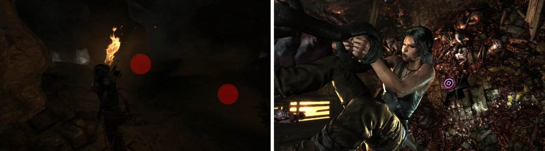 Don&rsquo;t miss the salvage and Food Cache near the day camp (left). Once inside the building, break free from your bonds (right).