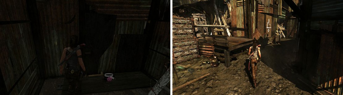 Don&rsquo;t miss the GPS Cache on the floor between two barricades (left). The building with the painting had two barricades, each with items (right).