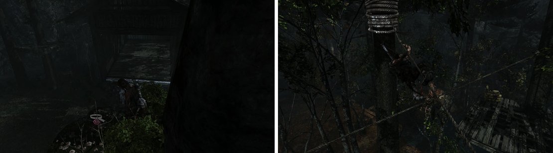 Don&rsquo;t miss the GPS Cache behind the building when you climb up (left). Out the other side of the buidling, create a rope bridge to drop onto the other (right).