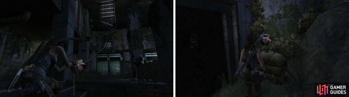 Inside the bunker, pull open the door you couldn&rsquo;t access earlier (left). Outside, collect the treasure map before returning to the camp (right).