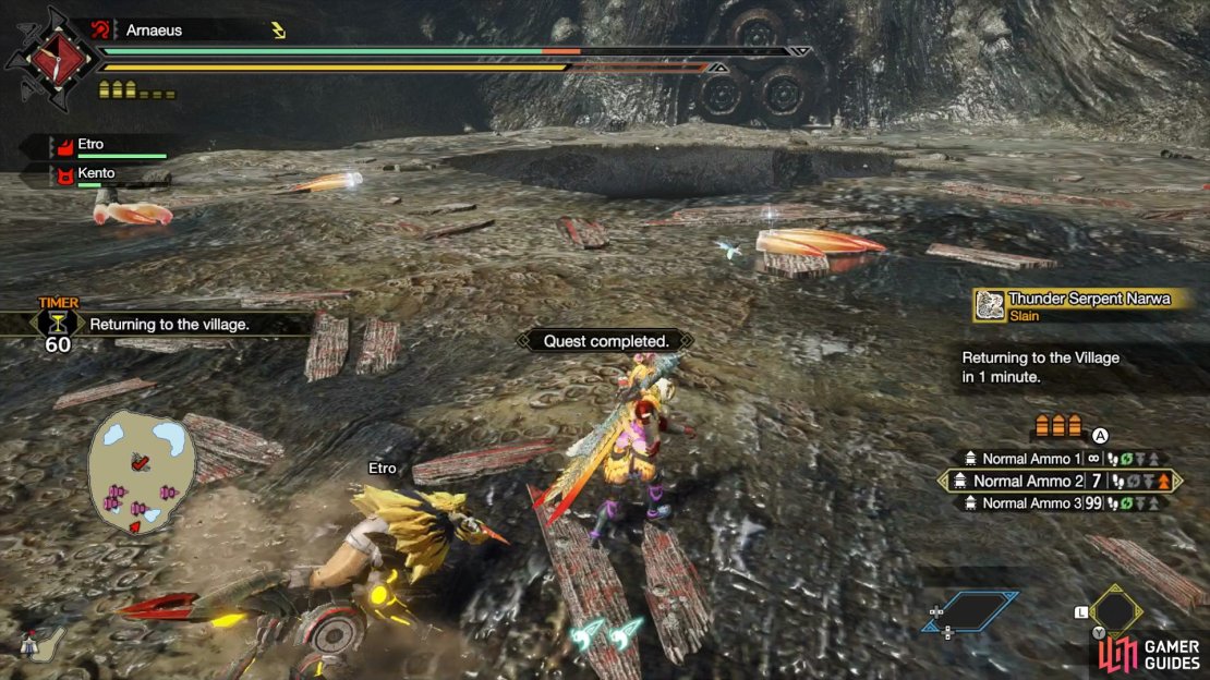 Make sure to collect all the rewards by going around the large hole, carving up Narwa&rsquo;s fragments it left behind, use the minimap to make sure you have it all carved.