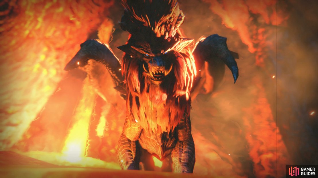 Teostra looking menacing in the lava caverns.