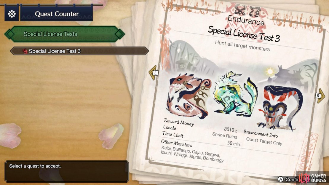Special License Test 3 is offered after unlocking 6-star Village Quests. But before unlocking &ldquo;The Blue Apex.&rdquo;